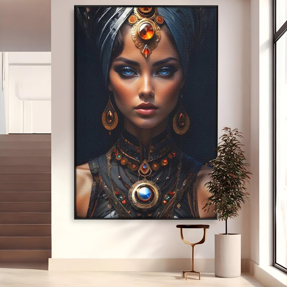 Tablou canvas cu portret de femeie cu turbant si bijuterii, in rama de aluminiu negru